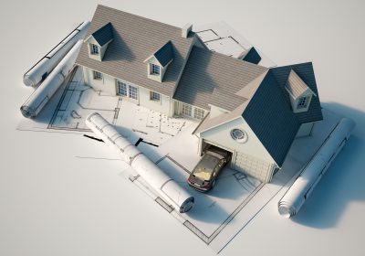 3D rendering of a house on top  of blueprints